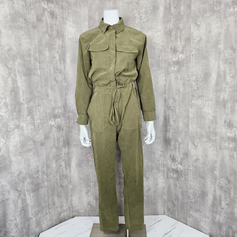 Heroes & Dreamers Womens M Army Green Microfiber Jumpsuit Roll Tab Sleeves